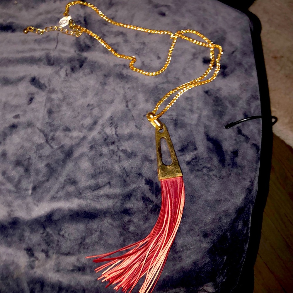 Long faux burgundy leather fringe/modern tassel necklace